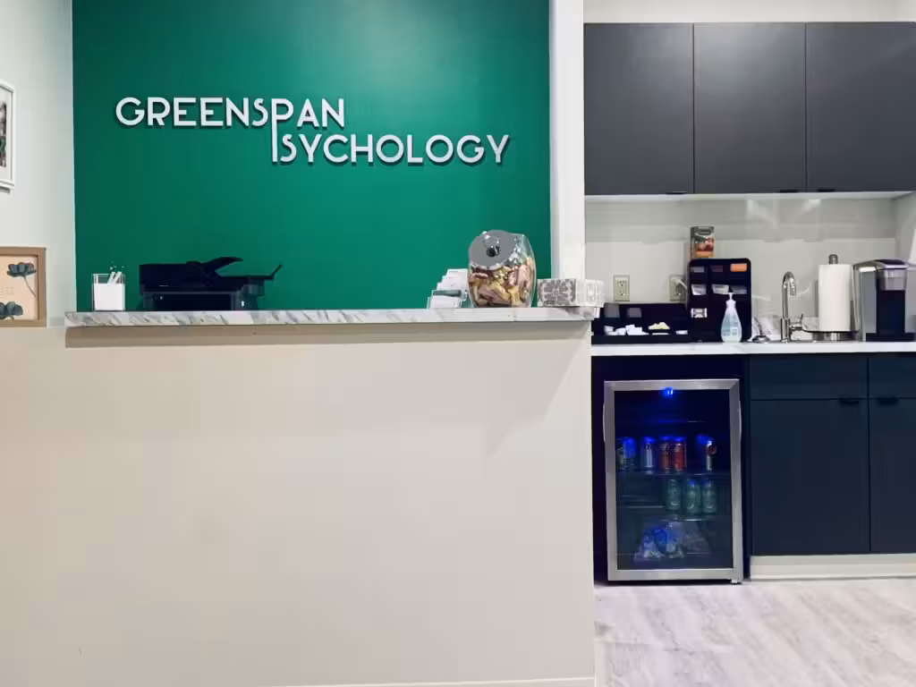 Welcoming reception desk at Greenspan Psychology counselling clinic in Edmonton
